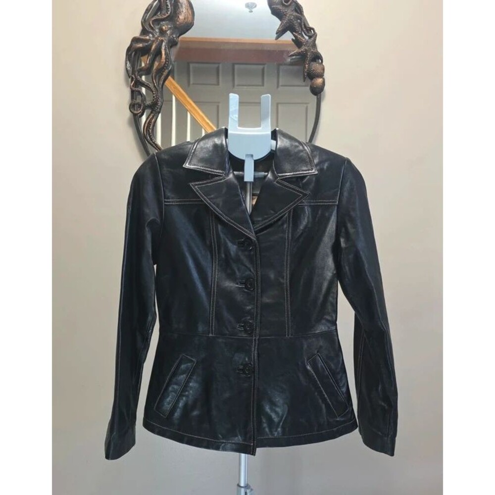 Wilsons Leather Maxima Black Leather Blazer Jacket XS Y2K Fitted Contrast Stitch